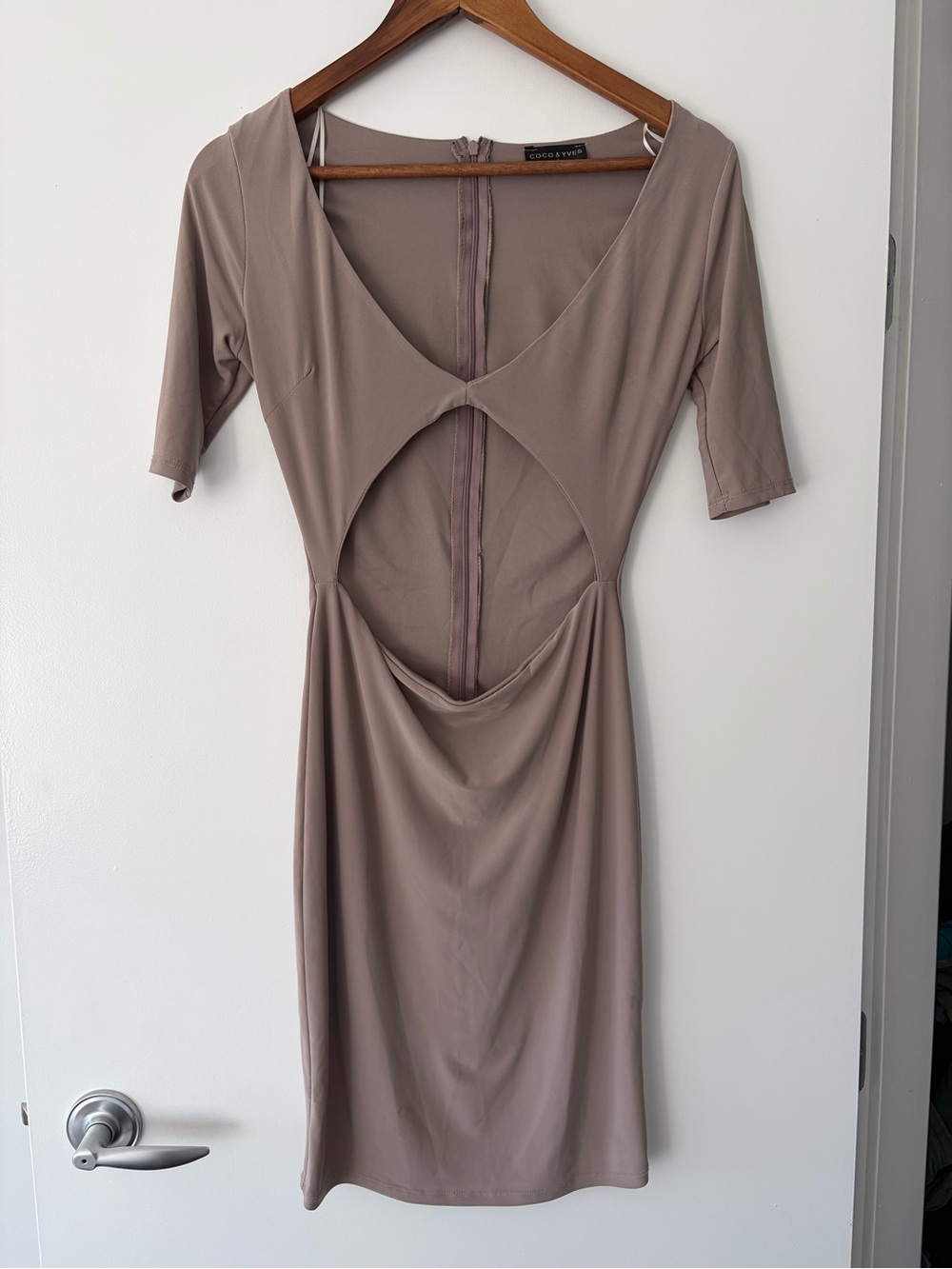 Beige Cutout Mini Dress with Plunge Neckline Size Small